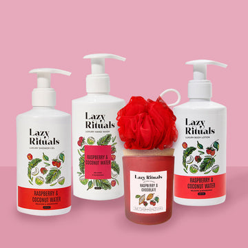 Raspberry & Coconut Water Shower Gel + Body Lotion + Hand Wash + Raspberry & Chocolate Candle + Free Loofah