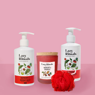 Raspberry & Coconut Water Shower Gel + Body Lotion + Raspberry & Chocolate Candle + Free Loofah