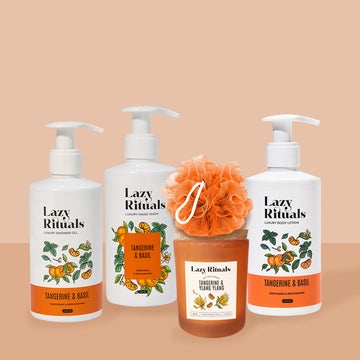 Tangerine & Basil Shower Gel + Body Lotion + Hand Wash + Tangerine & Ylang Ylang Candle + Free Loofah