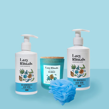 Sea Minerals & Aloe Vera  Shower Gel + Body Lotion + Sea Breeze Candle + Free Loofah