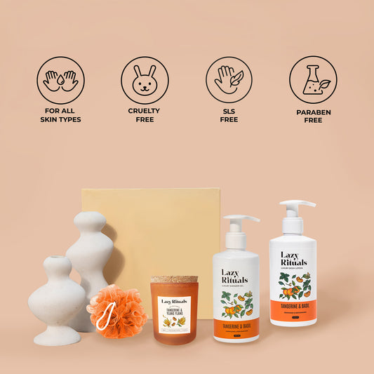 Tangerine & Basil  Shower Gel + Body Lotion + Tangerine & Ylang Ylang Candle + Free Loofah