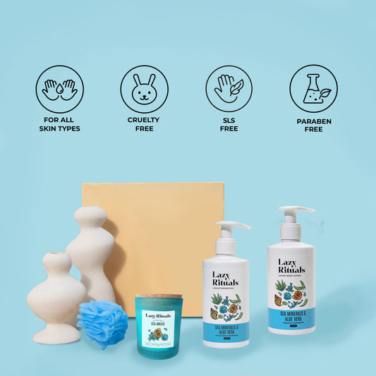 Sea Minerals & Aloe Vera  Shower Gel + Body Lotion + Sea Breeze Candle + Free Loofah