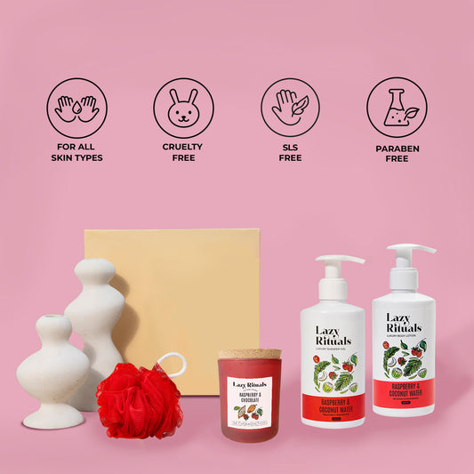 Raspberry & Coconut Water Shower Gel + Body Lotion + Raspberry & Chocolate Candle + Free Loofah