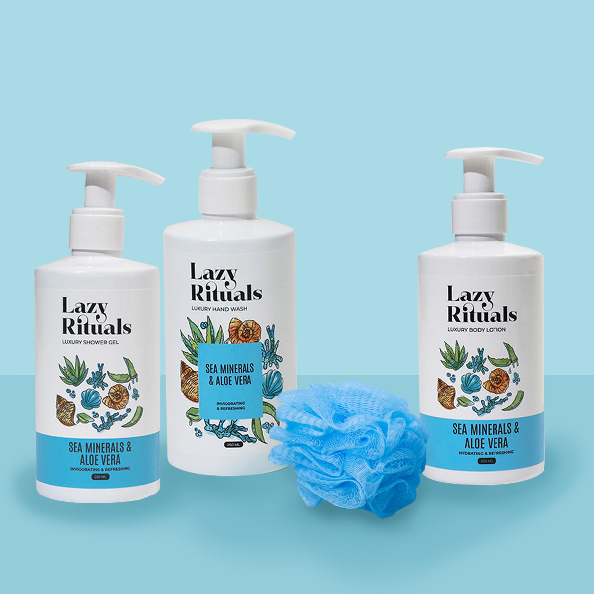 Sea Minerals & Aloe Vera Shower Gel + Body Lotion + Hand Wash + Free Loofah