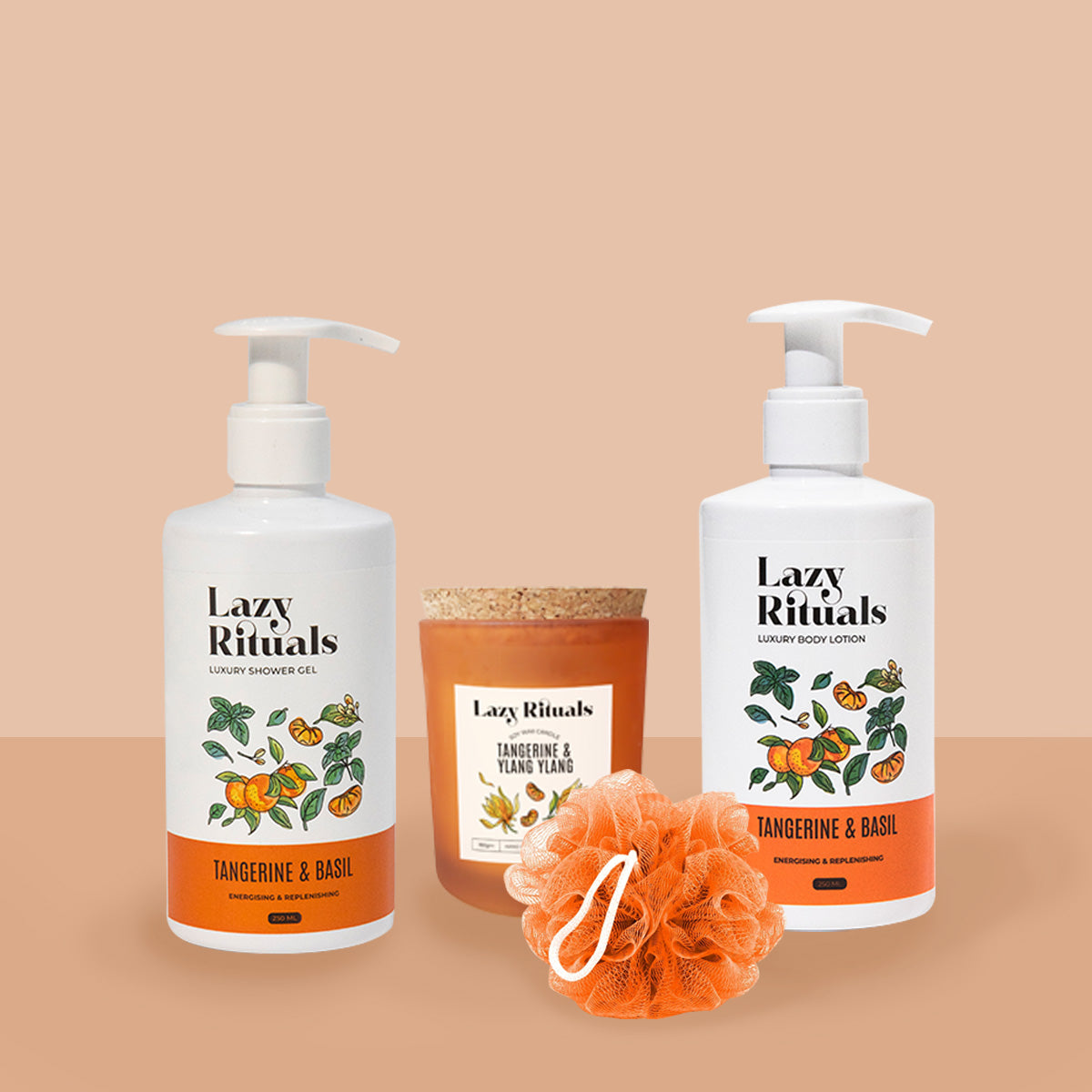 Tangerine & Basil  Shower Gel + Body Lotion + Tangerine & Ylang Ylang Candle + Free Loofah